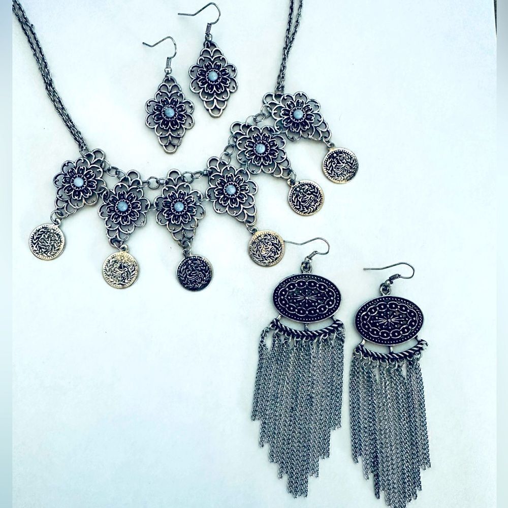 Antiqued Silver Floral Necklace Earrings Boho Bundle Lot